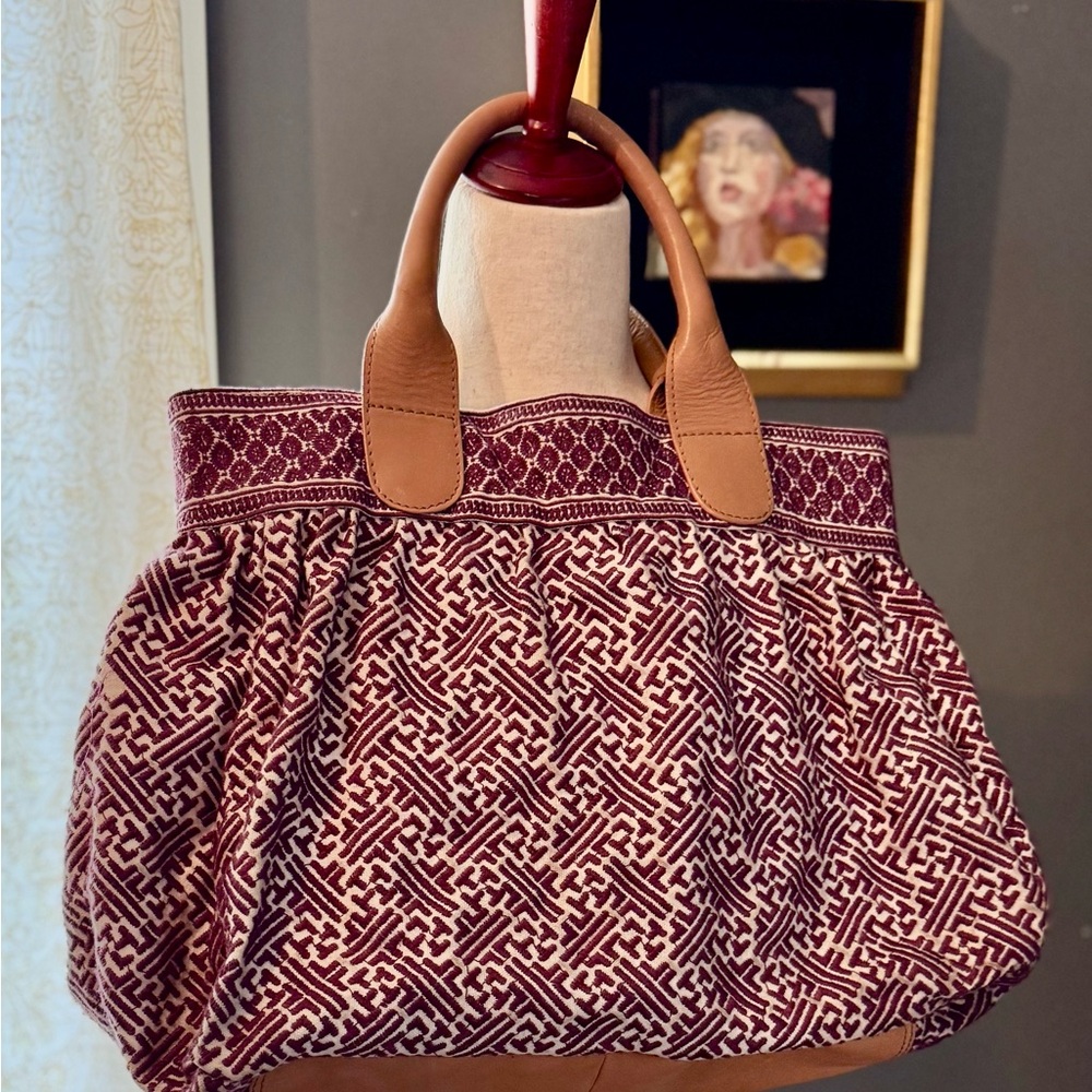 Talbots Canvas and Leather Embroidered Tote Bag